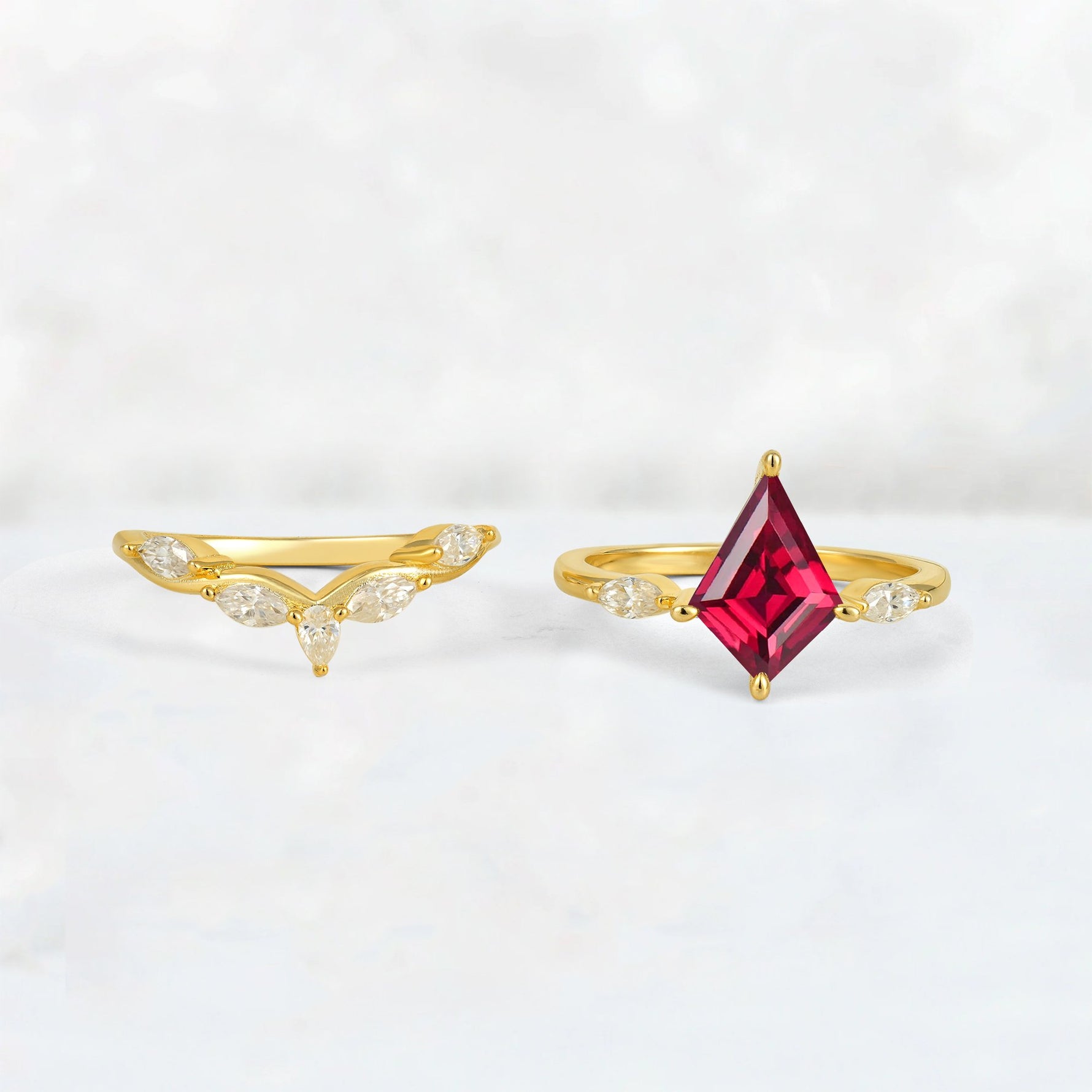 Kite Cut Ruby Leaf Chevron Bridal Ring Set - White-Gold