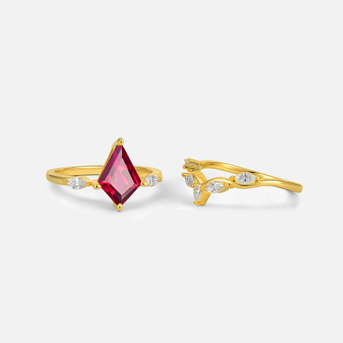 Kite Cut Ruby Leaf Chevron Bridal Ring Set - Additional view