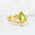 Kite Cut Peridot Leaf Chevron Bridal Ring Set - Rose-Gold