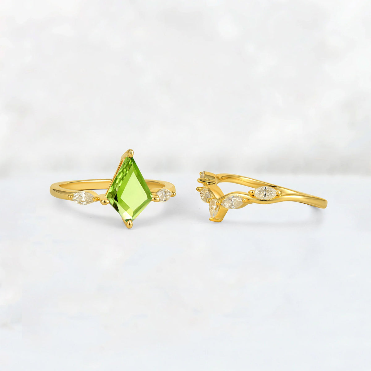 Kite Cut Peridot Leaf Chevron Bridal Ring Set - Additional view