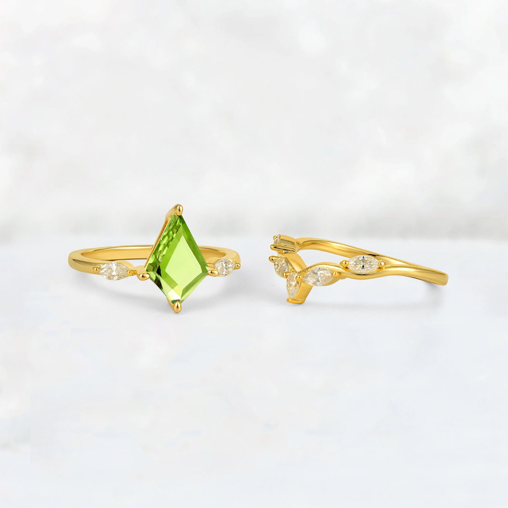 Kite Cut Peridot Leaf Chevron Bridal Ring Set - Additional view