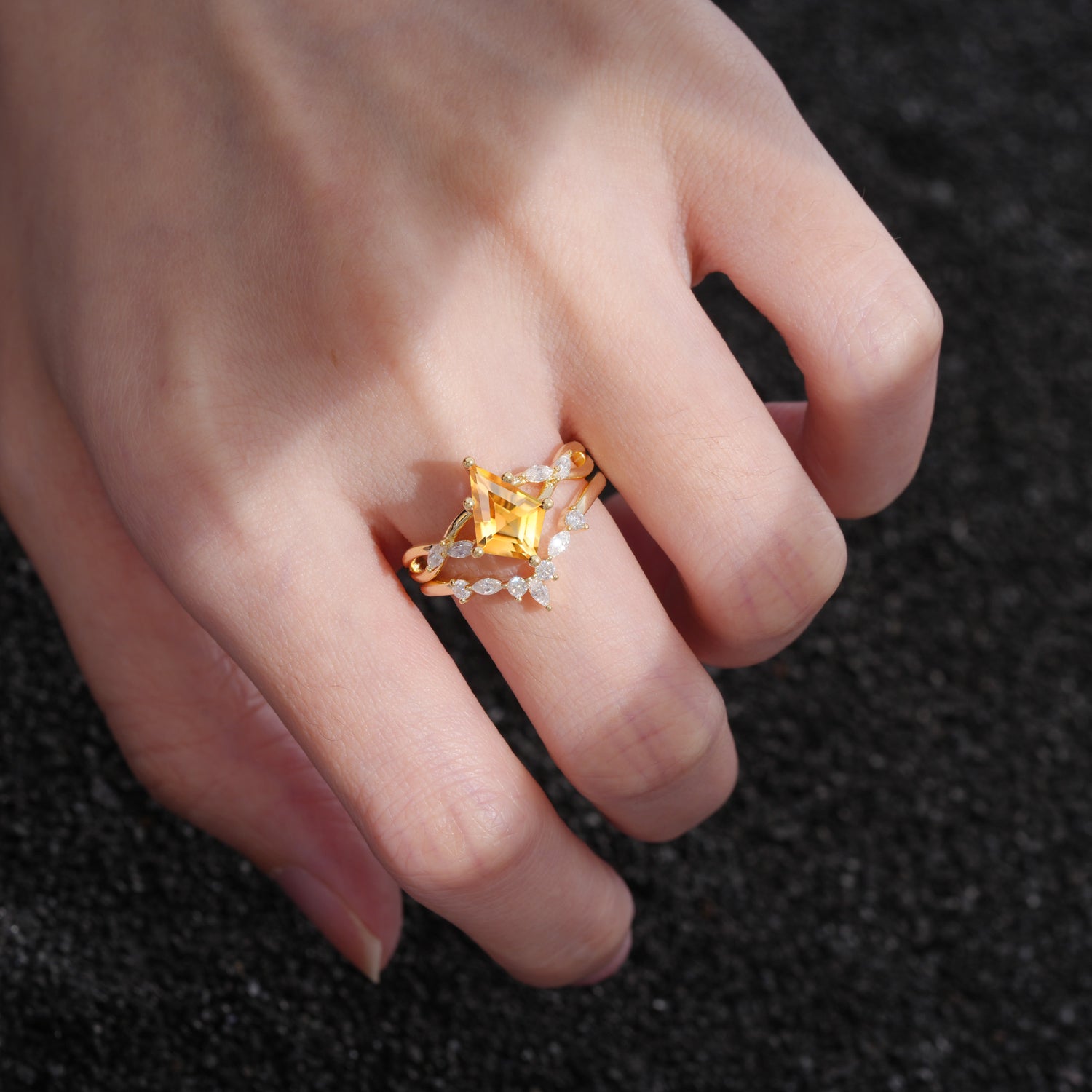 Vintage Twisted  Kite Cut Citrine Bride Ring Set