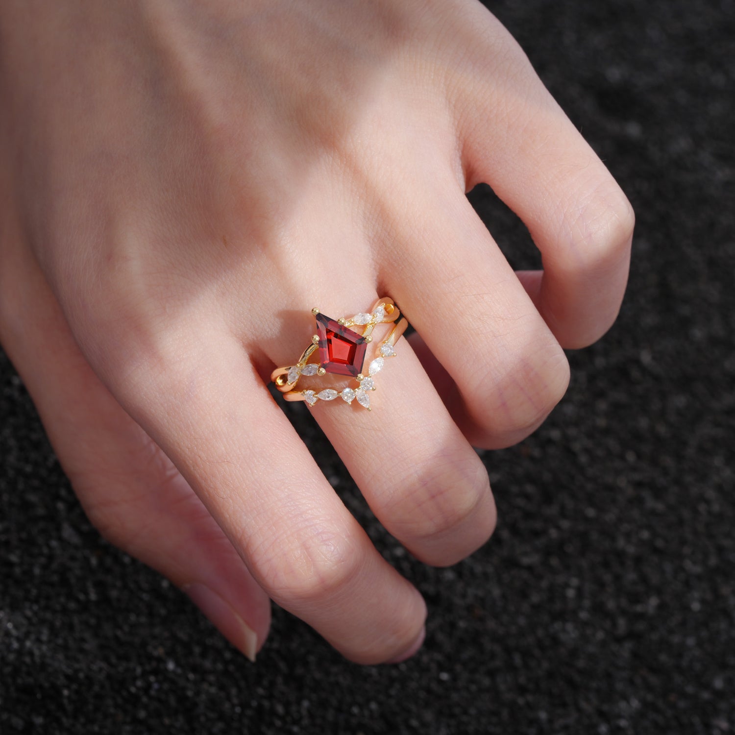 Vintage Twisted  Kite Cut Garnet Bride Ring Set