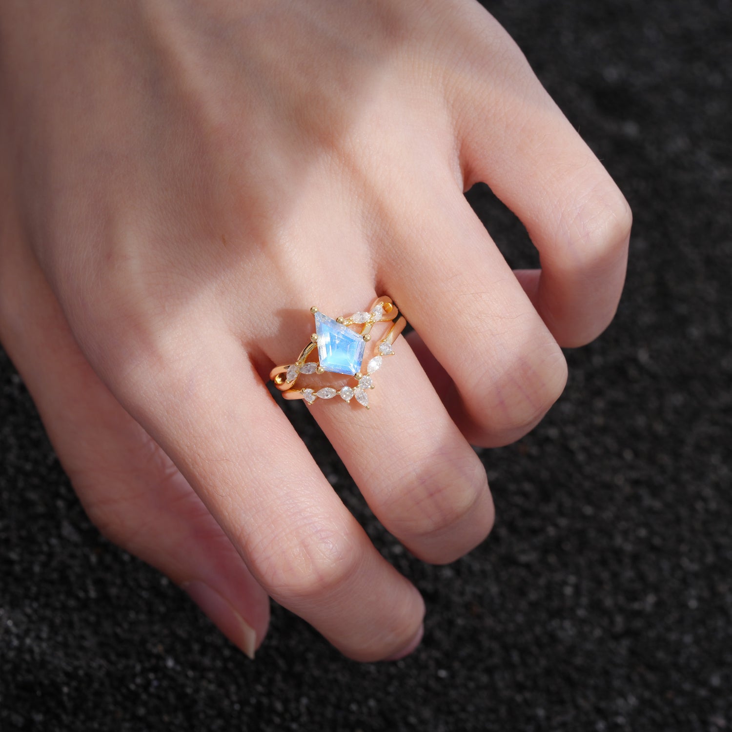 Vintage Twisted  Kite Cut Moonstone Bride Ring Set
