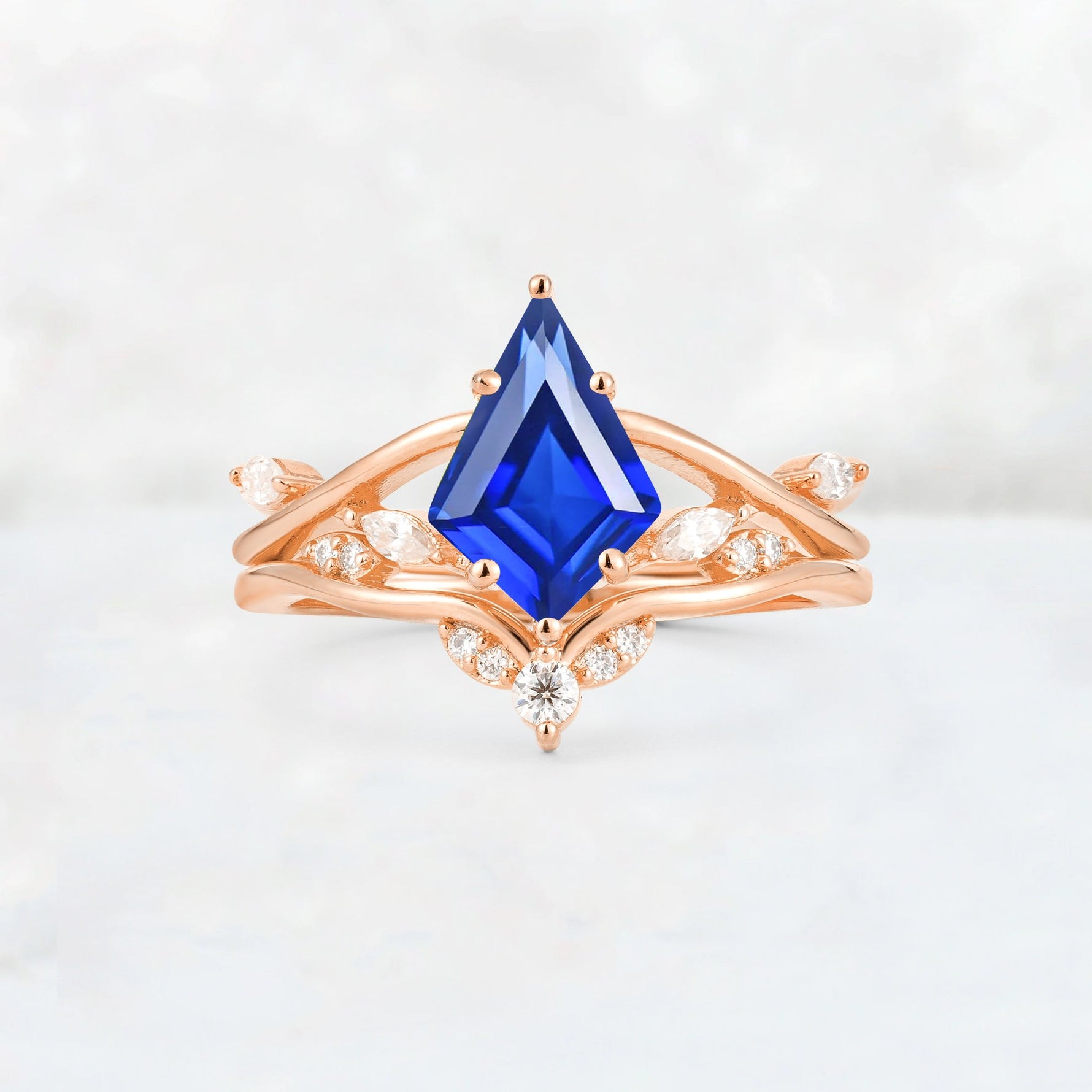 Kite Cut Sapphire Leaf Chevron Engagement Ring Set - Additional view
