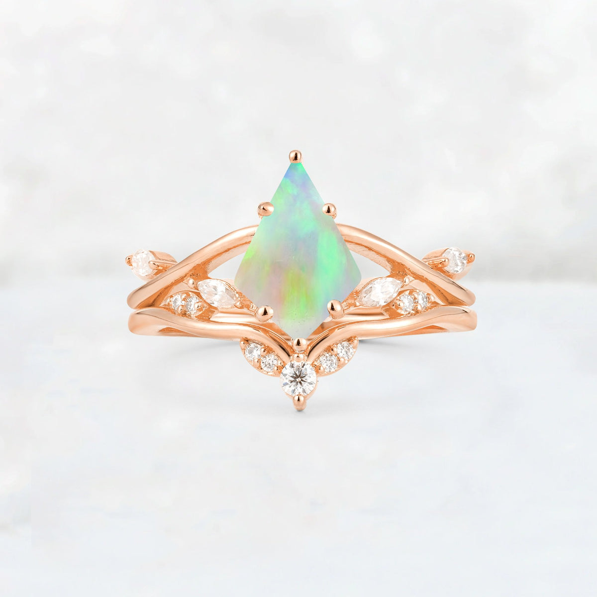 Kite Cut Fire Opal Leaf Chevron Engagement Ring Set - Additional view