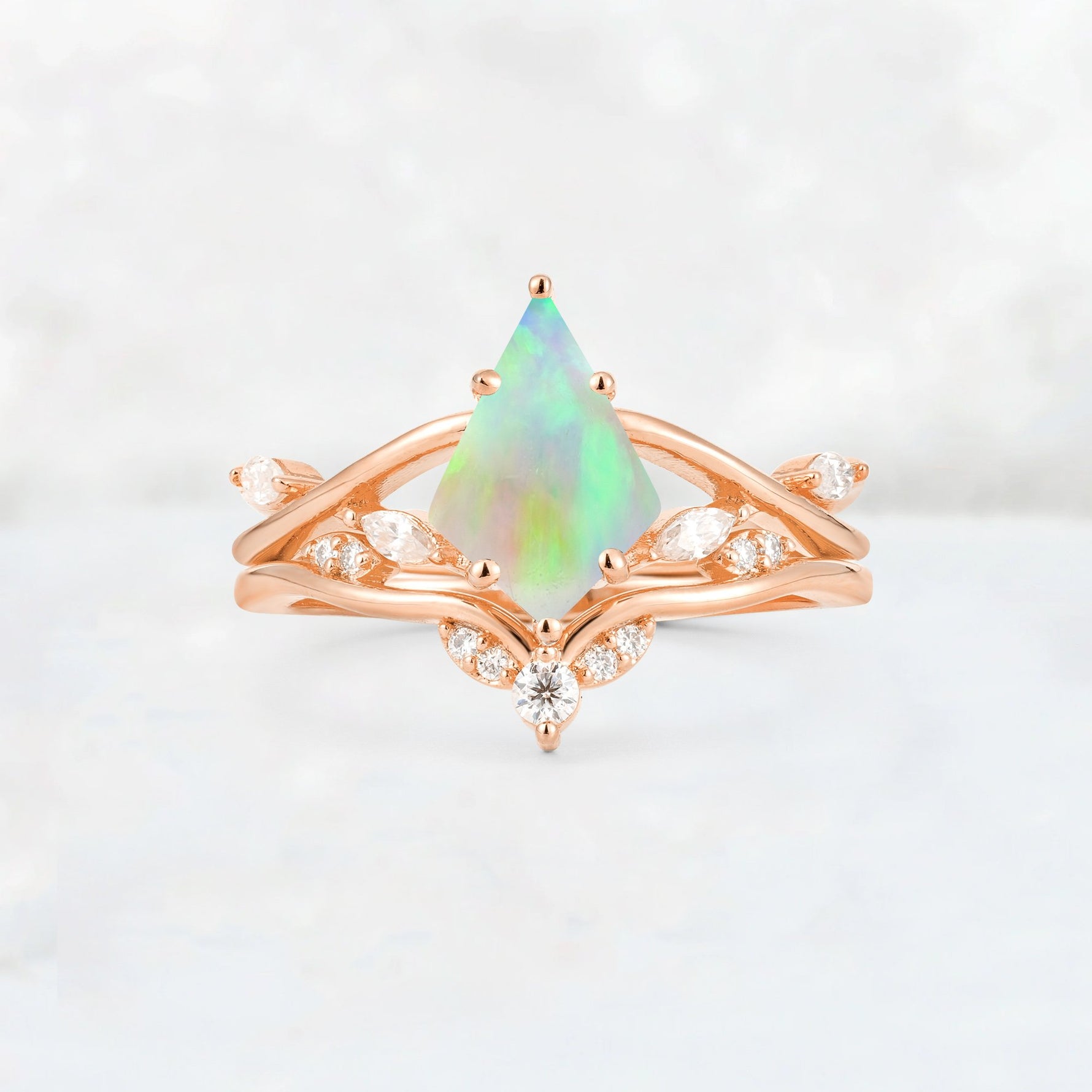 Kite Cut Fire Opal Leaf Chevron Engagement Ring Set - Additional view