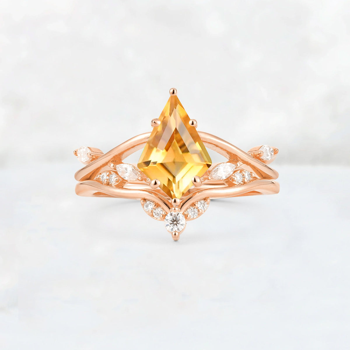 Kite Cut Citrine Leaf Chevron Engagement Ring Set - Additional view