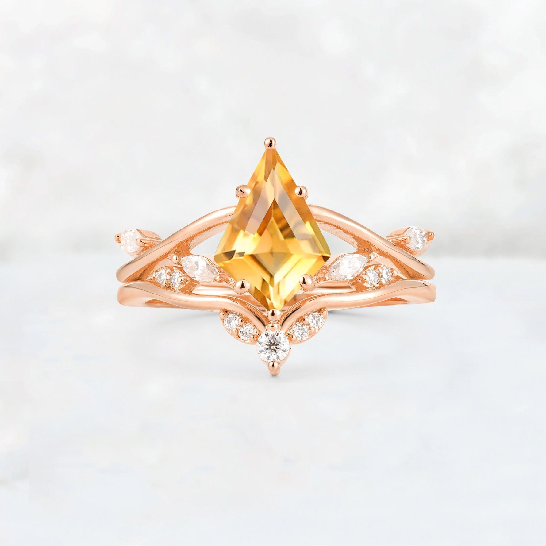 Kite Cut Citrine Leaf Chevron Engagement Ring Set - Additional view