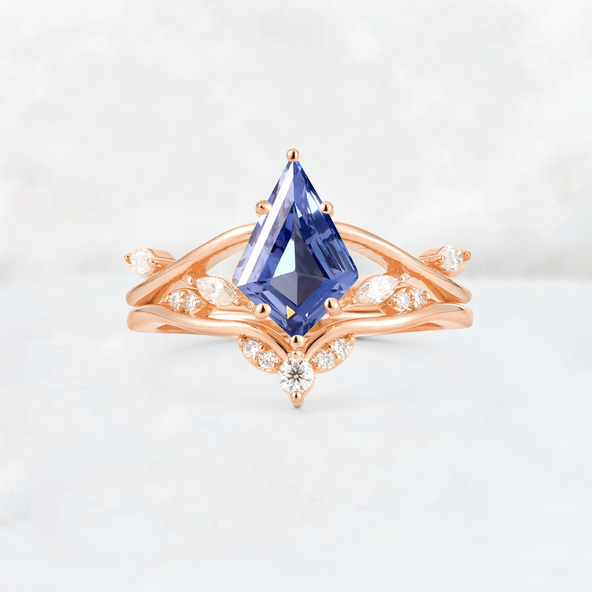 Kite Cut Tanzanite Leaf Chevron Engagement Ring Set - Additional view