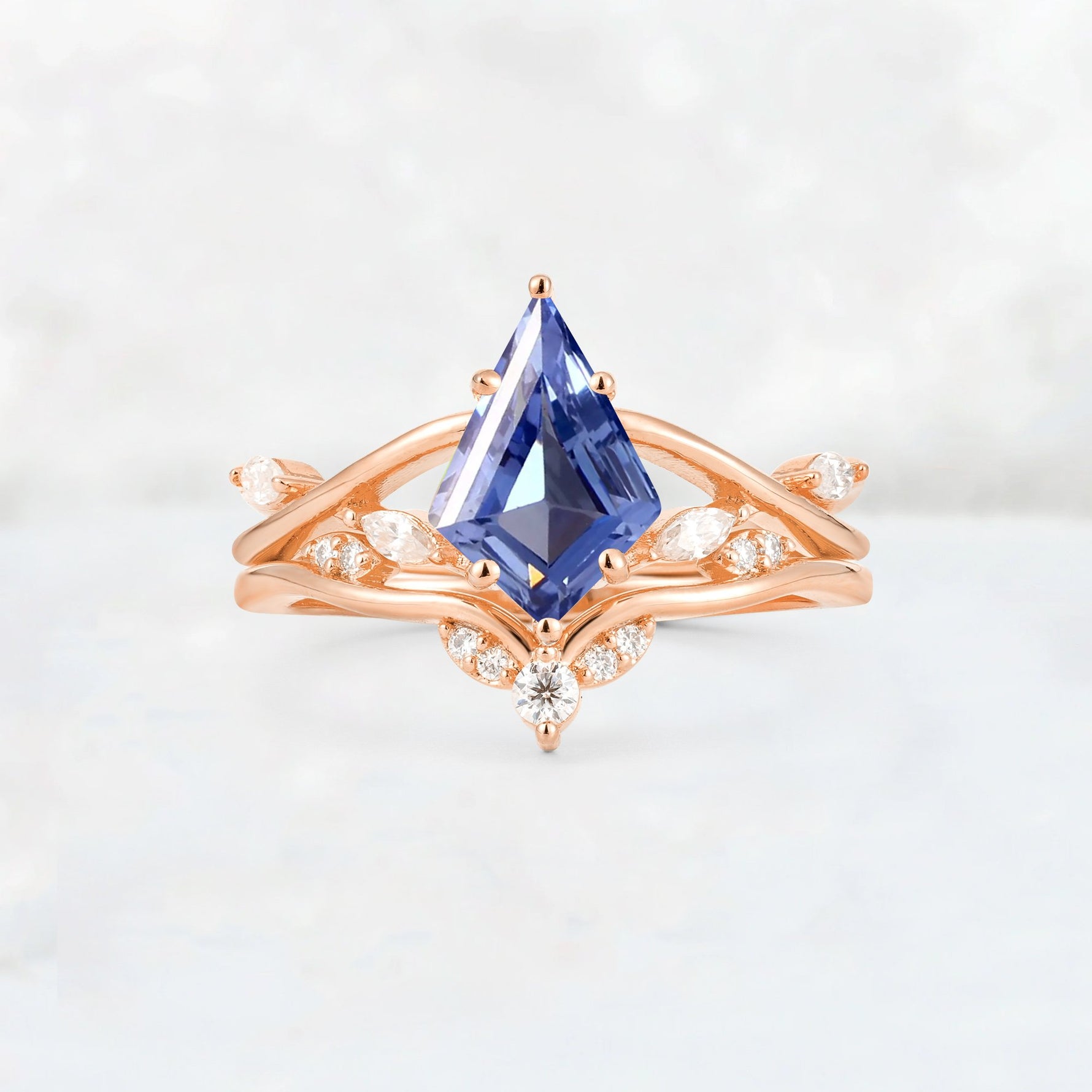 Kite Cut Tanzanite Leaf Chevron Engagement Ring Set - Additional view