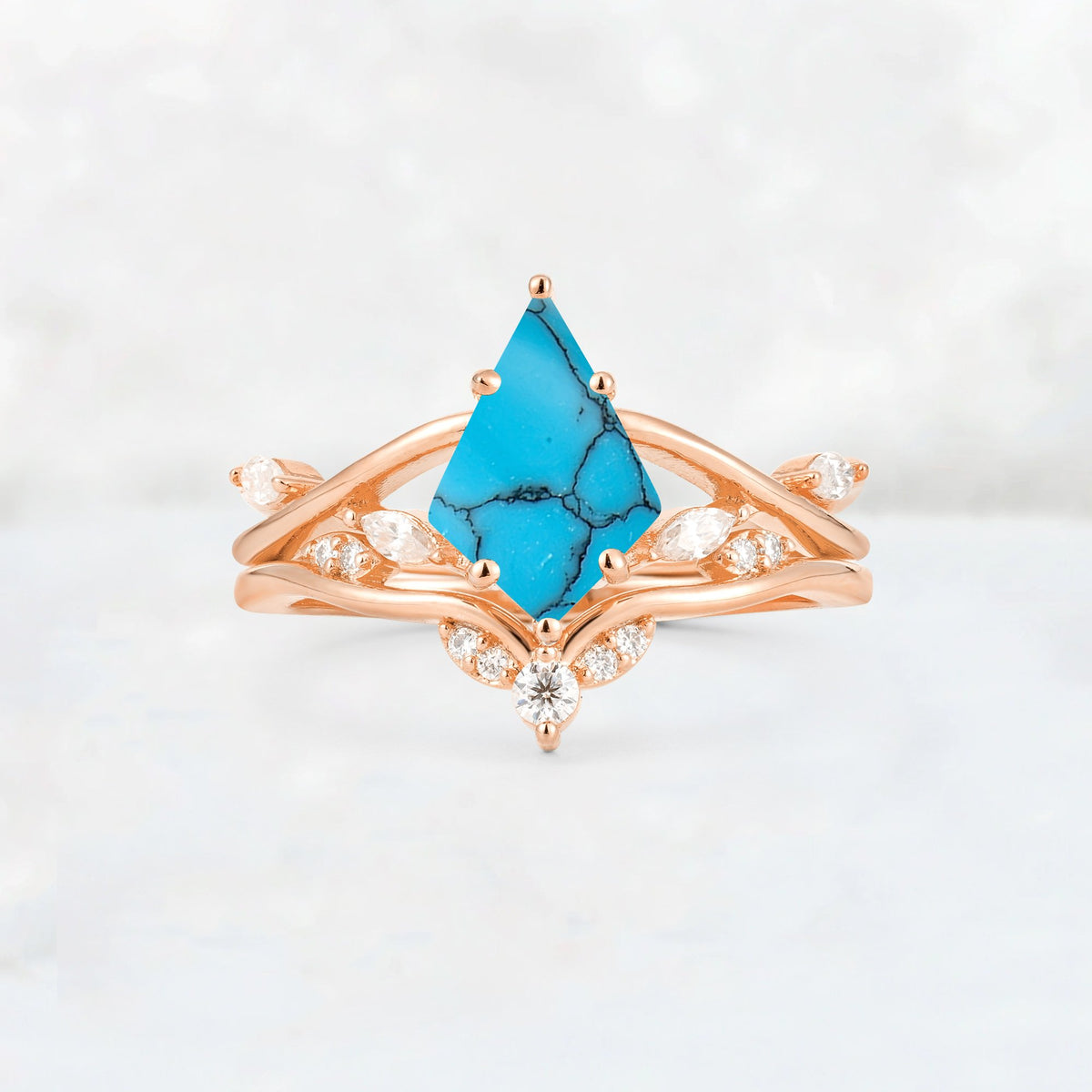 Kite Cut Turquoise Leaf Chevron Engagement Ring Set - Additional view