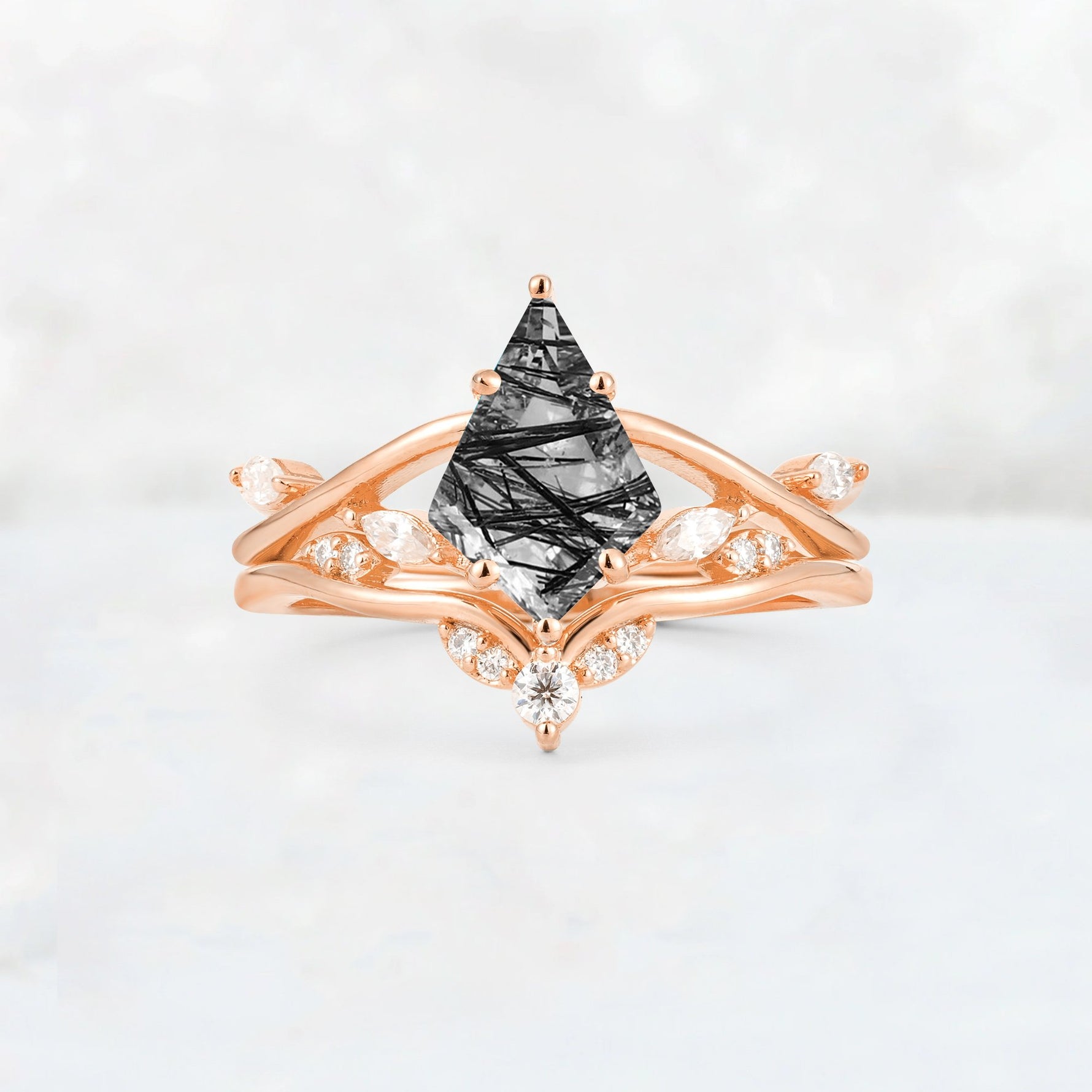 Kite Cut Black Rutilated Quartz Leaf Chevron Engagement Ring Set - Additional view