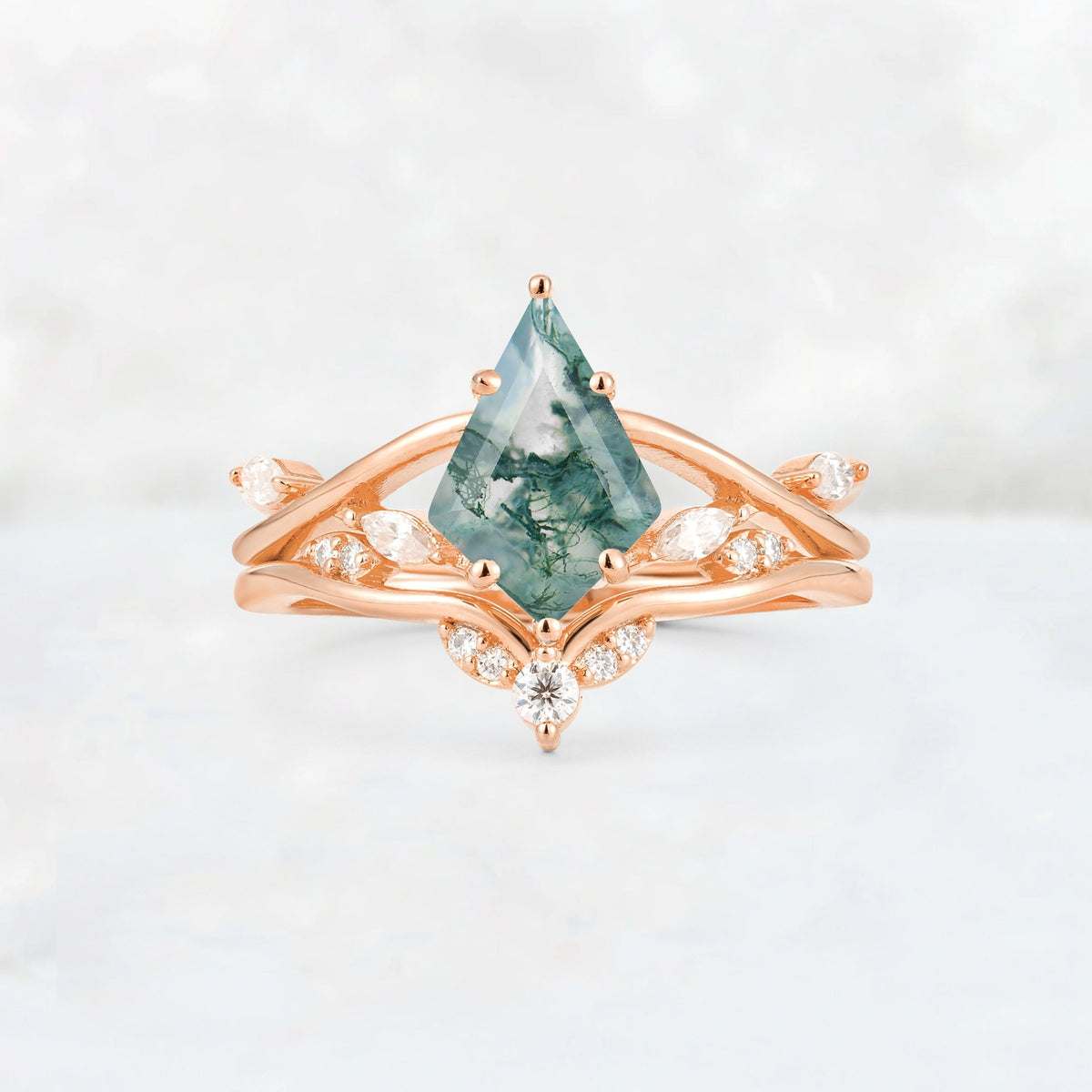 Kite Cut Moss Agate Leaf Chevron Engagement Ring Set - Additional view