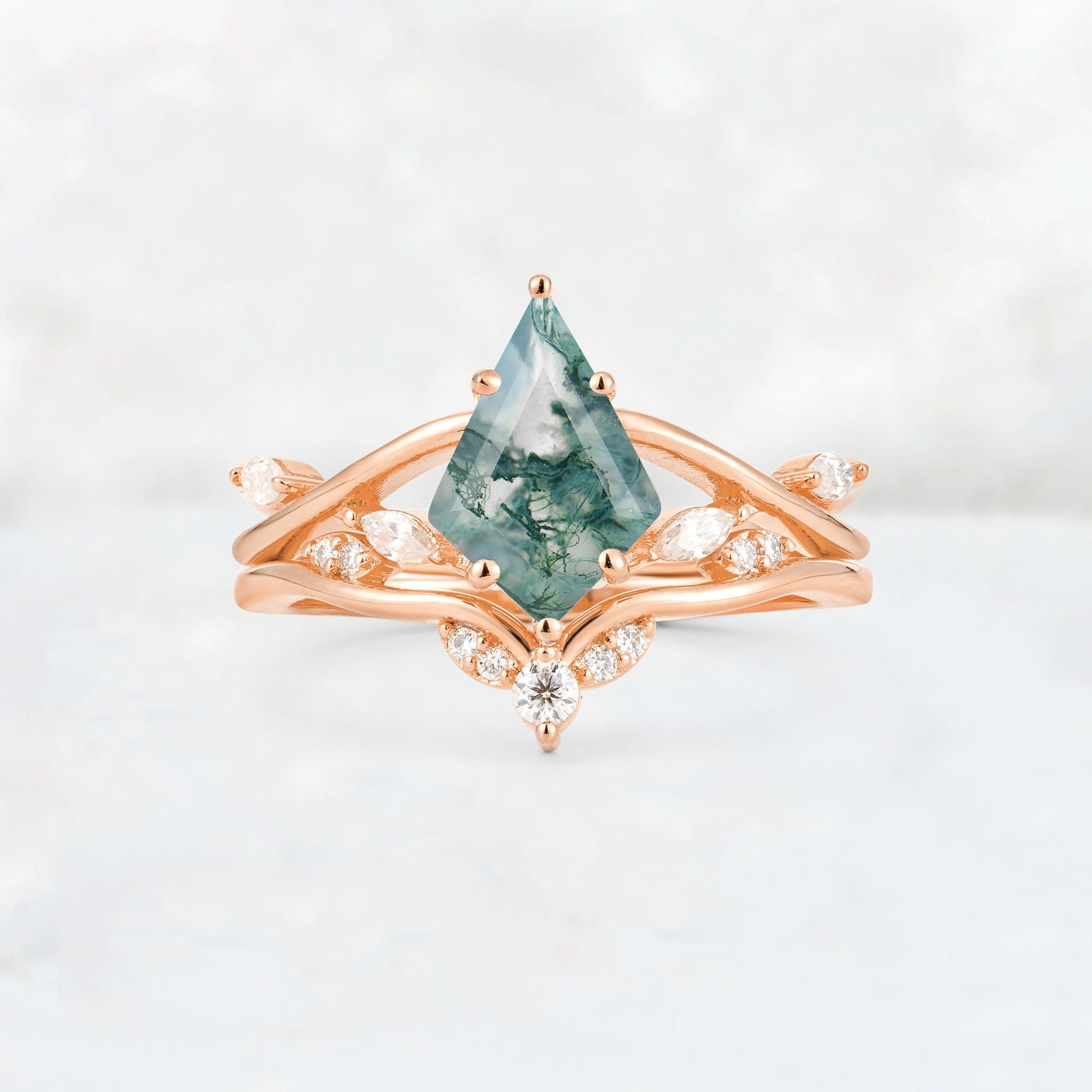 Kite Cut Moss Agate Leaf Chevron Engagement Ring Set - Additional view