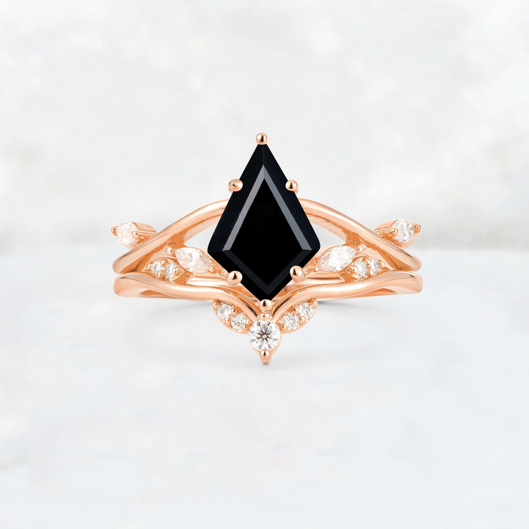Kite Cut Black Onyx Leaf Chevron Engagement Ring Set - Additional view