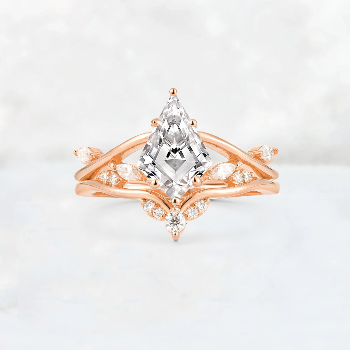 Kite Cut Lab Diamond Leaf Chevron Engagement Ring Set - Additional view