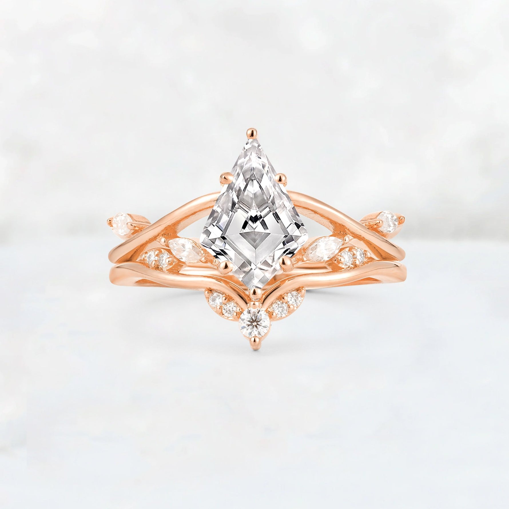 Kite Cut Lab Diamond Leaf Chevron Engagement Ring Set - Additional view