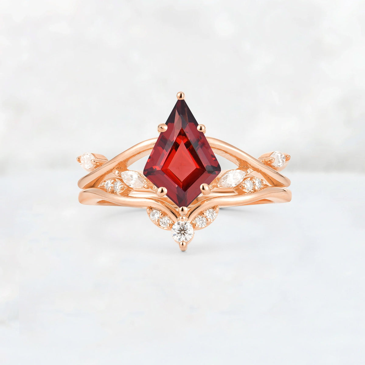 Kite Cut Garnet Leaf Chevron Engagement Ring Set - Additional view