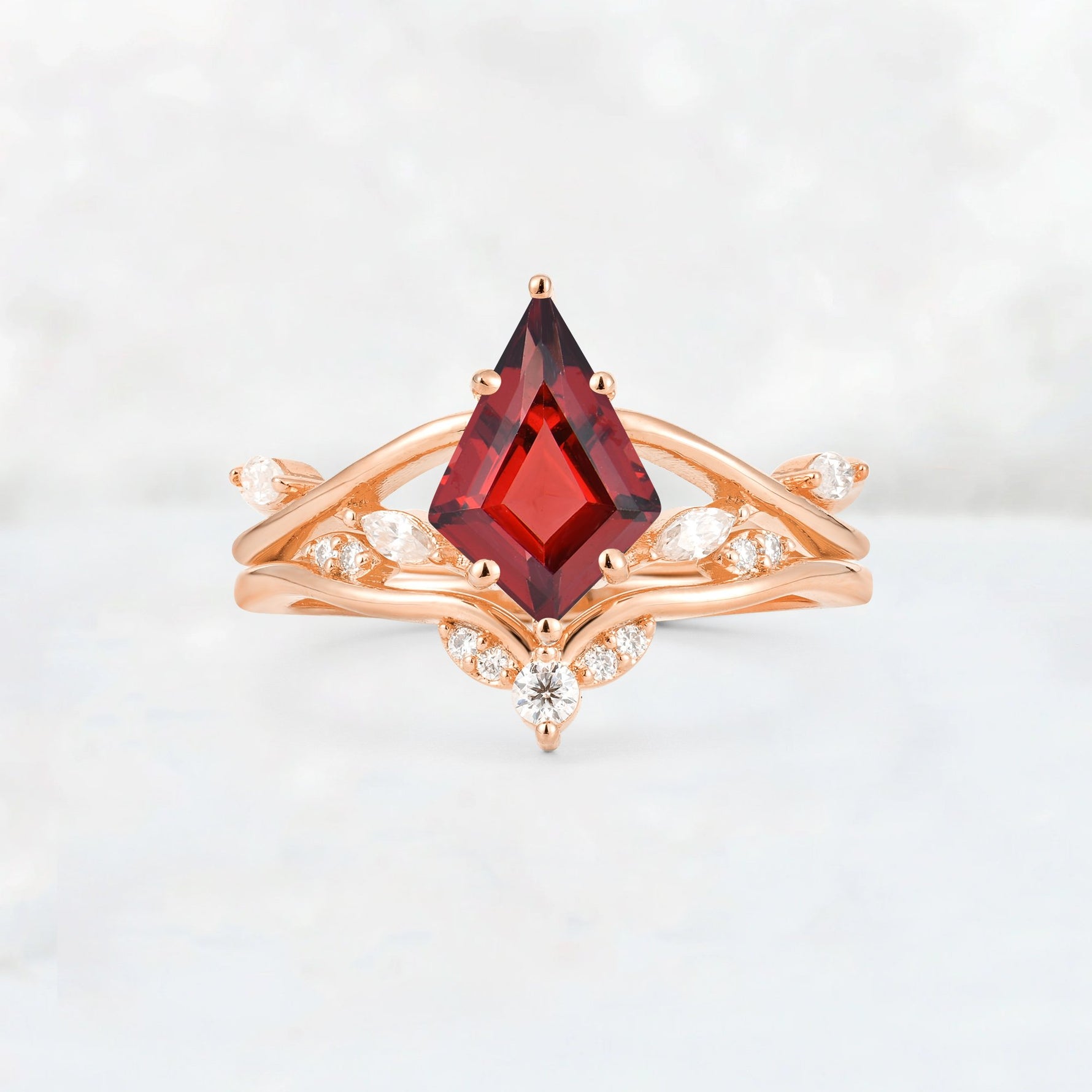 Kite Cut Garnet Leaf Chevron Engagement Ring Set - Additional view