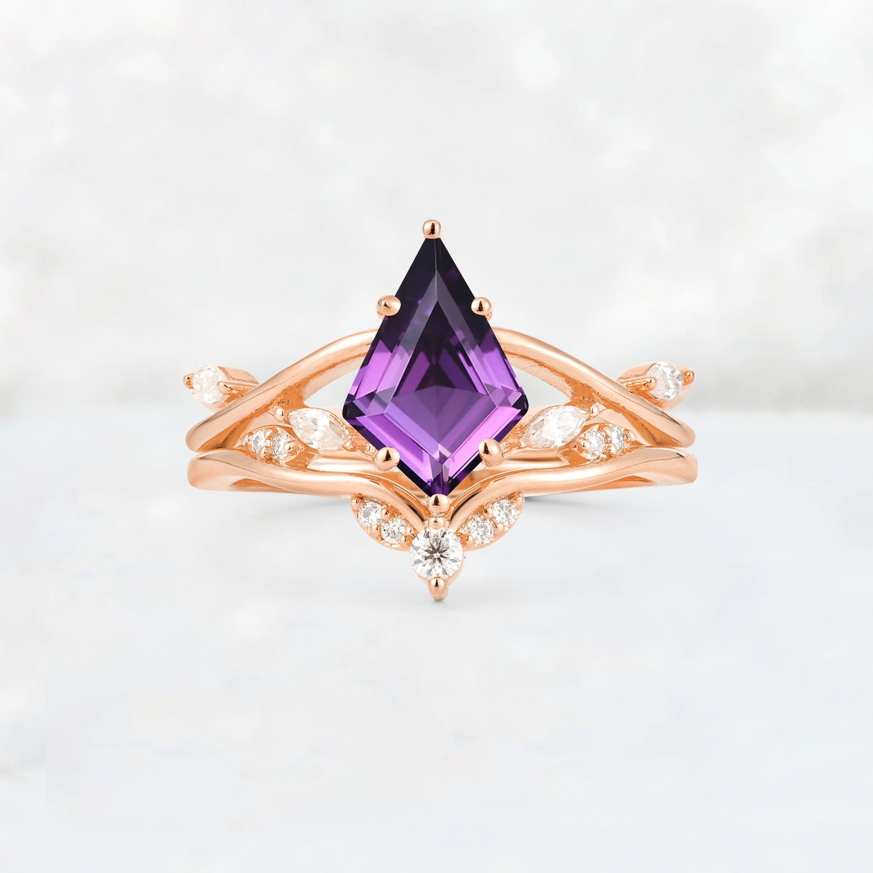 Kite Cut Amethyst Leaf Chevron Engagement Ring Set - Additional view