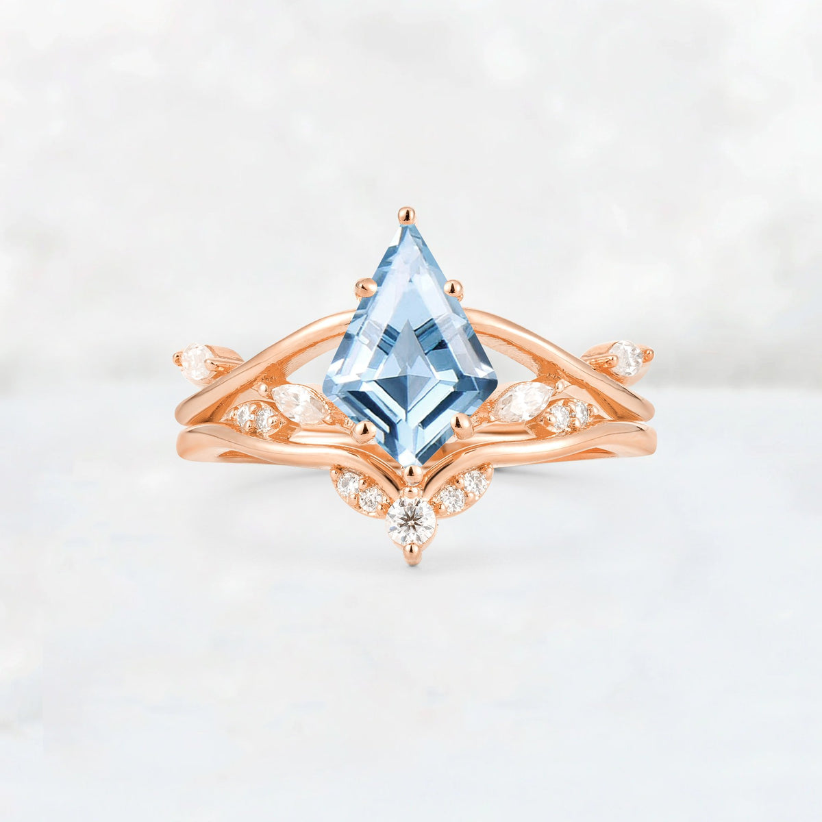 Kite Cut Aquamarine Leaf Chevron Engagement Ring Set - Additional view