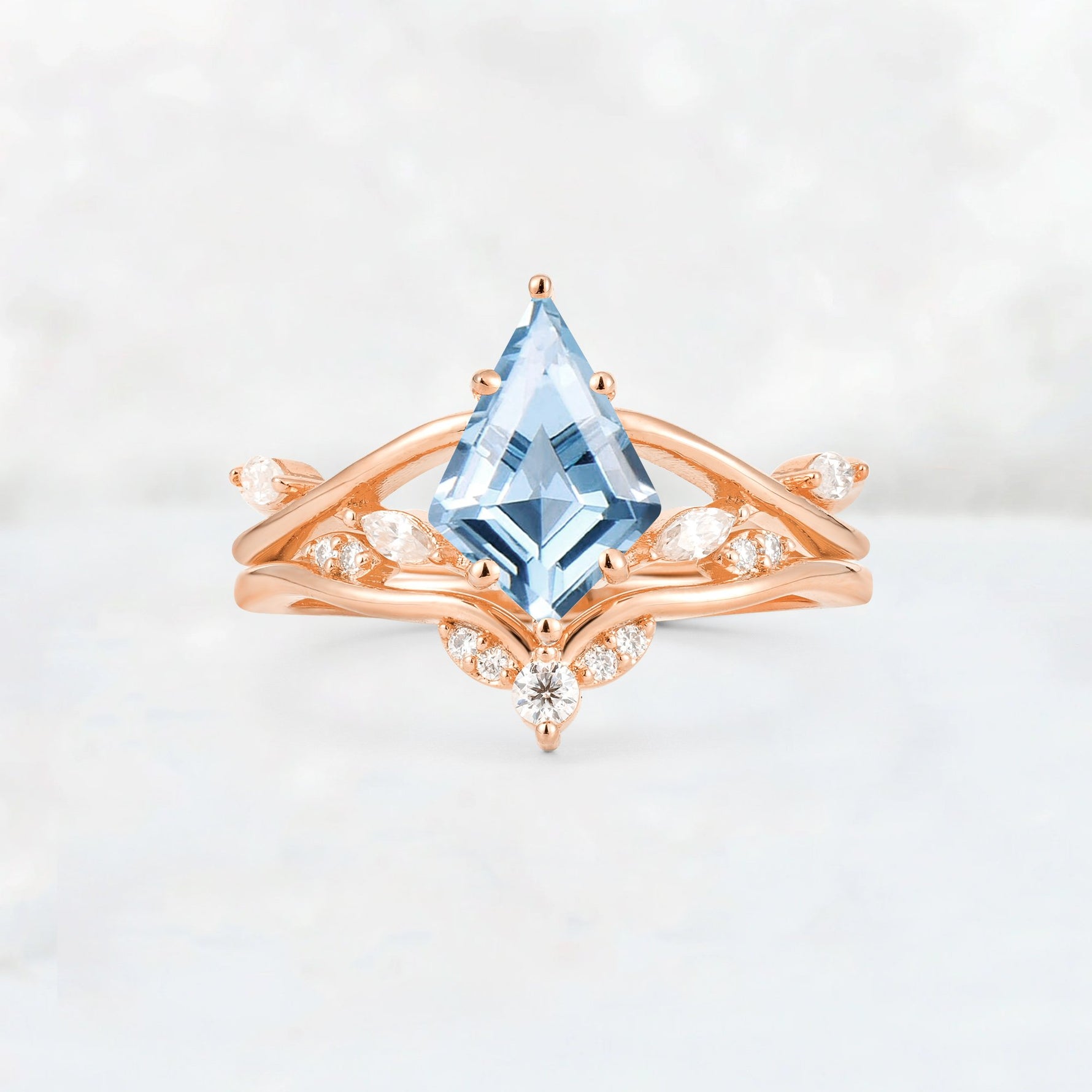 Kite Cut Aquamarine Leaf Chevron Engagement Ring Set - Additional view