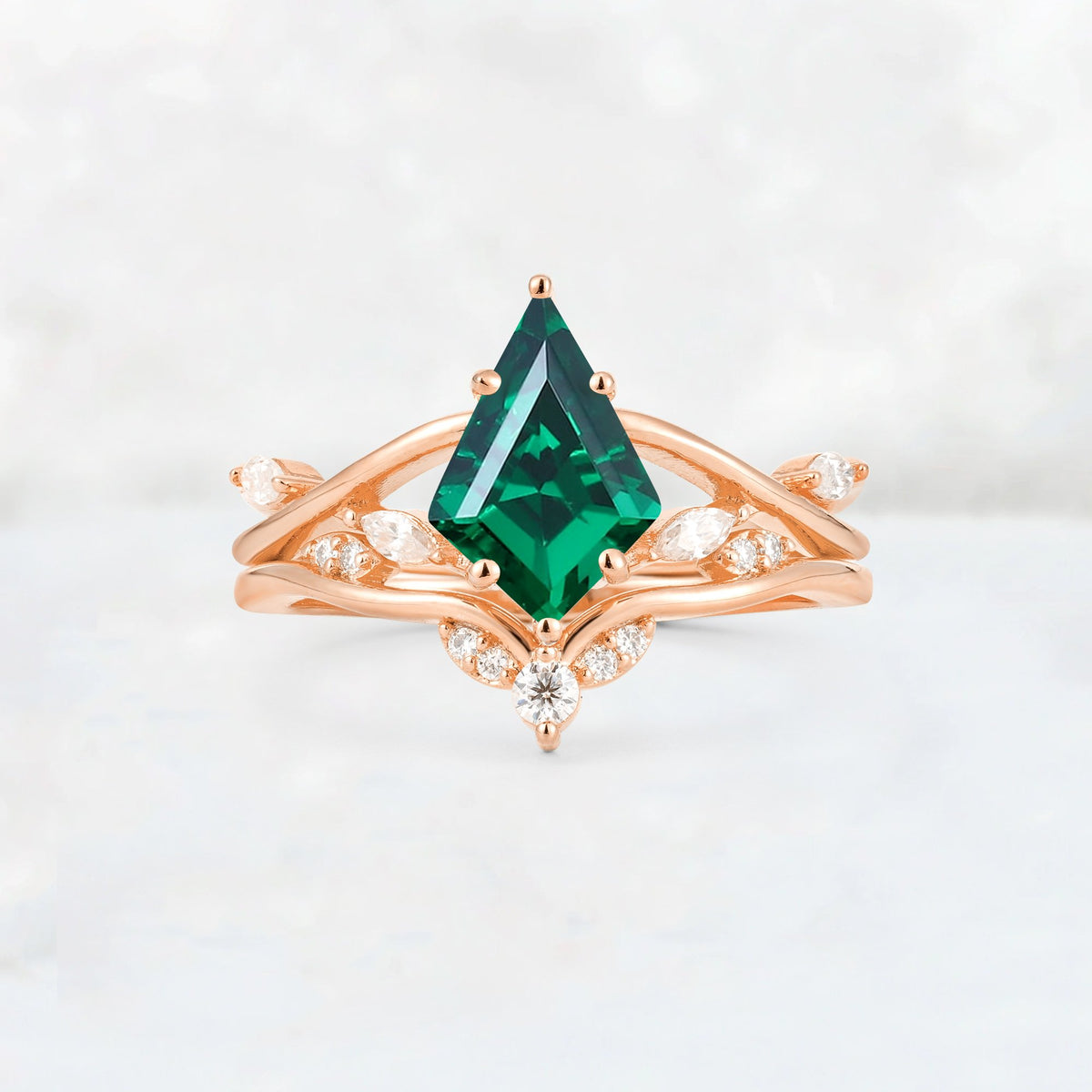 Kite Cut Emerald Leaf Chevron Engagement Ring Set - Additional view