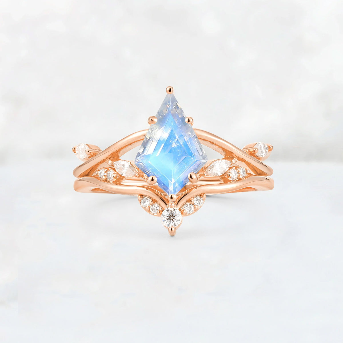 Kite Cut Moonstone Leaf Chevron Engagement Ring Set - Additional view