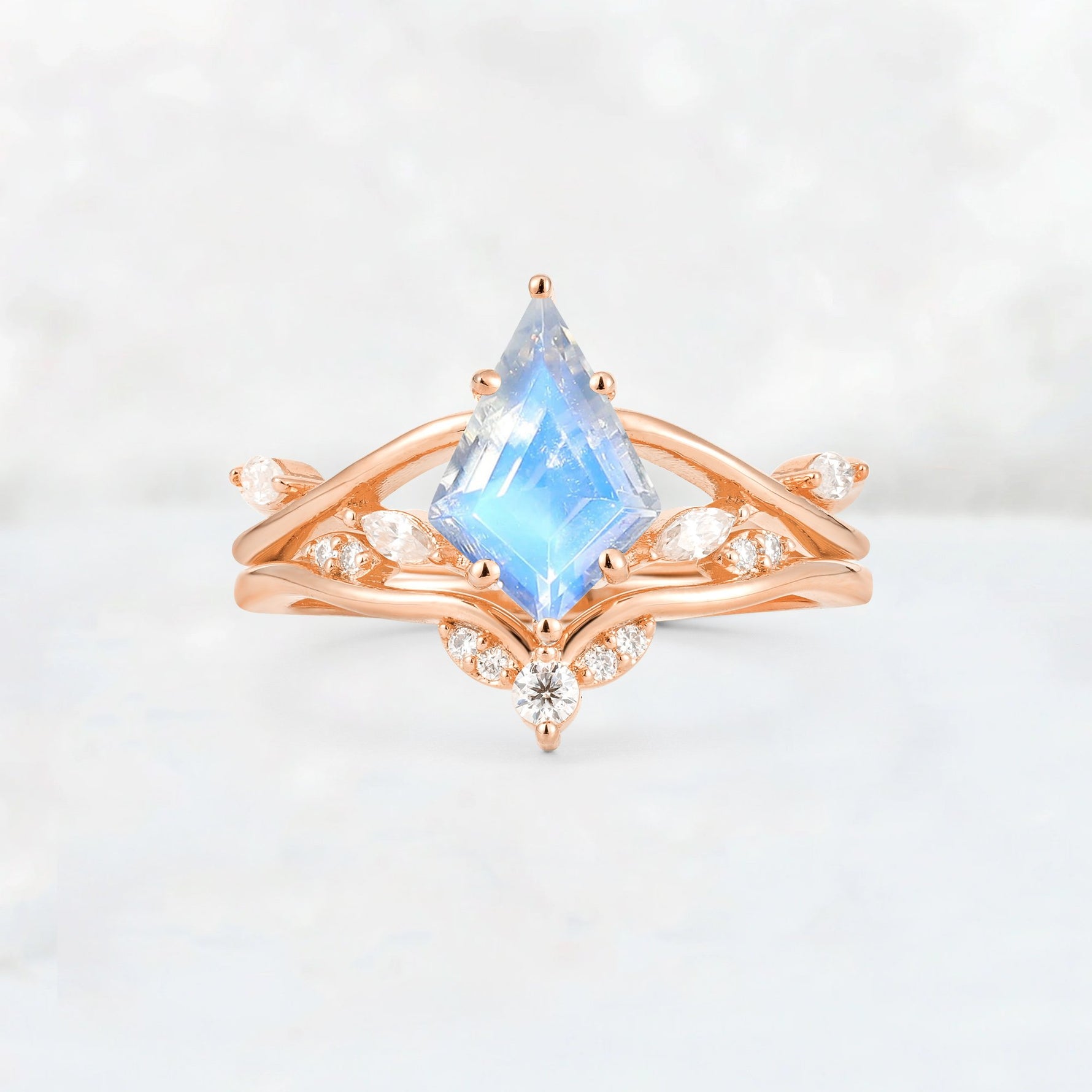 Kite Cut Moonstone Leaf Chevron Engagement Ring Set - Additional view