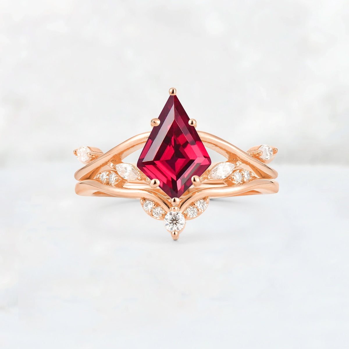 Kite Cut Ruby Leaf Chevron Engagement Ring Set - Additional view