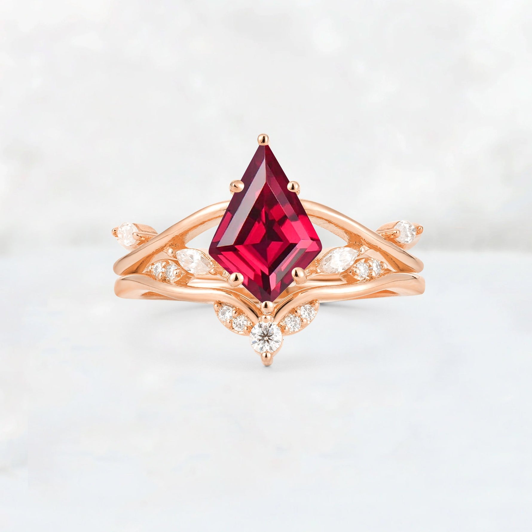 Kite Cut Ruby Leaf Chevron Engagement Ring Set - Additional view