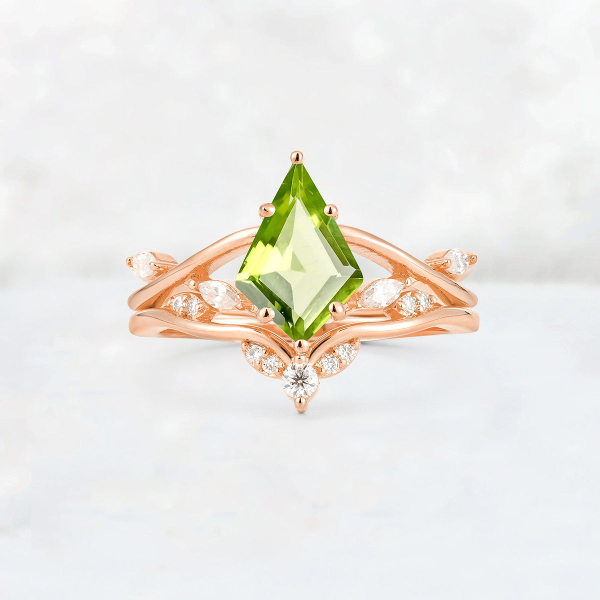 Kite Cut Peridot Leaf Chevron Engagement Ring Set - Additional view