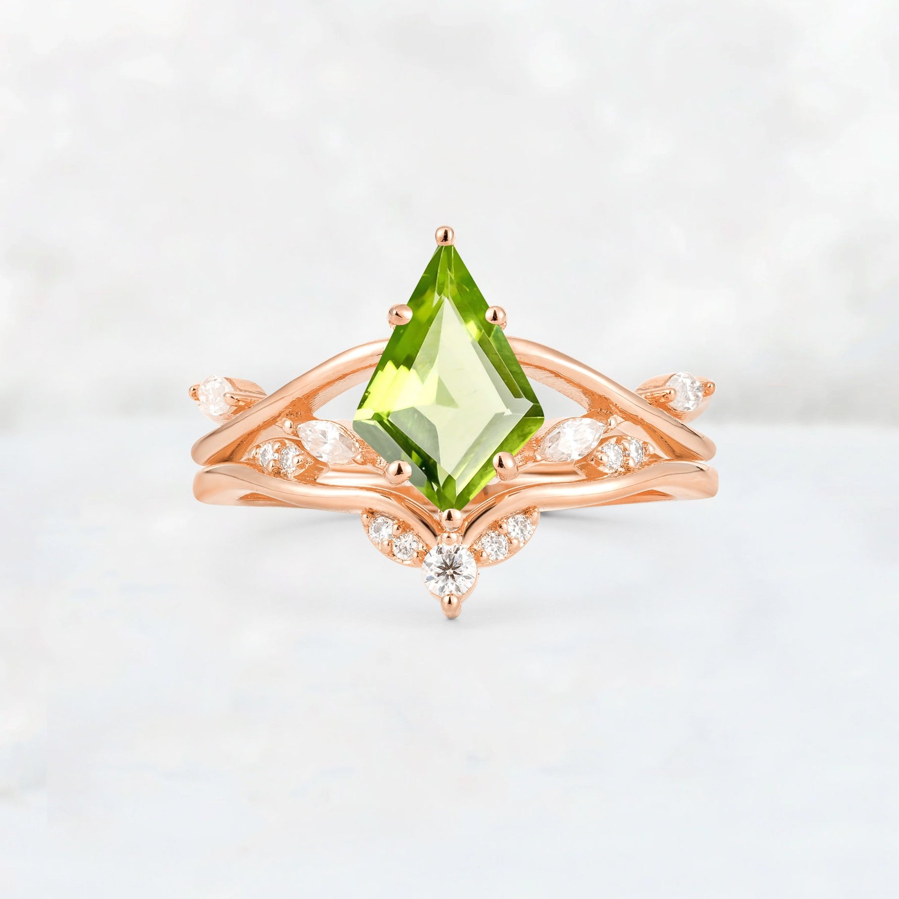 Kite Cut Peridot Leaf Chevron Engagement Ring Set - Additional view