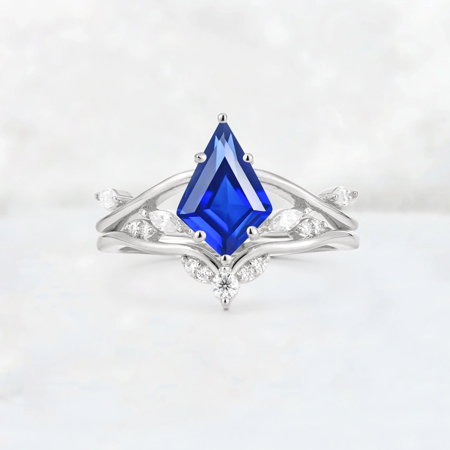 Kite Cut Sapphire Leaf Chevron Engagement Ring Set - Additional view