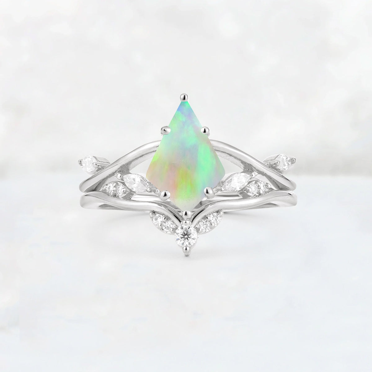 Kite Cut Fire Opal Leaf Chevron Engagement Ring Set - Additional view