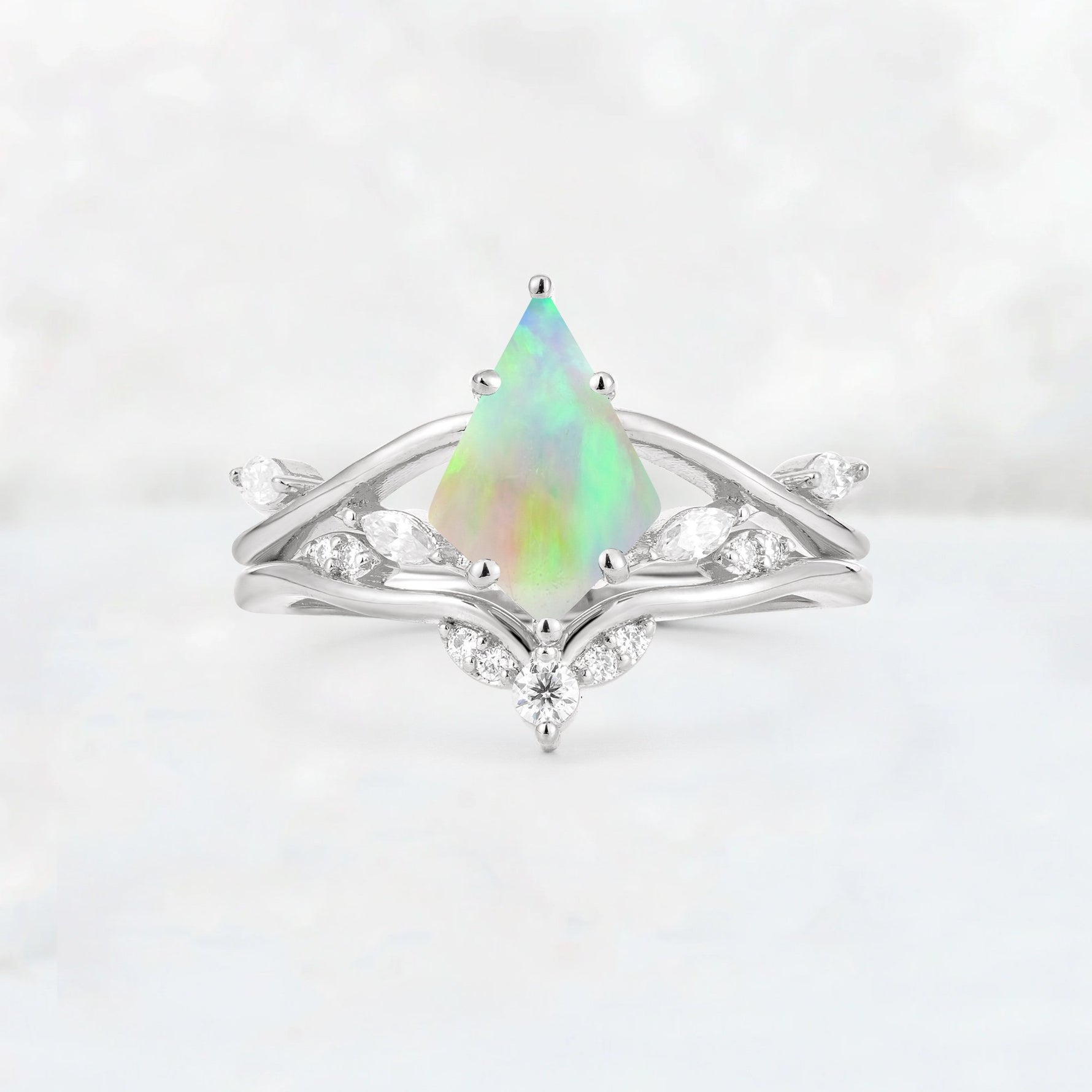 Kite Cut Fire Opal Leaf Chevron Engagement Ring Set - Additional view