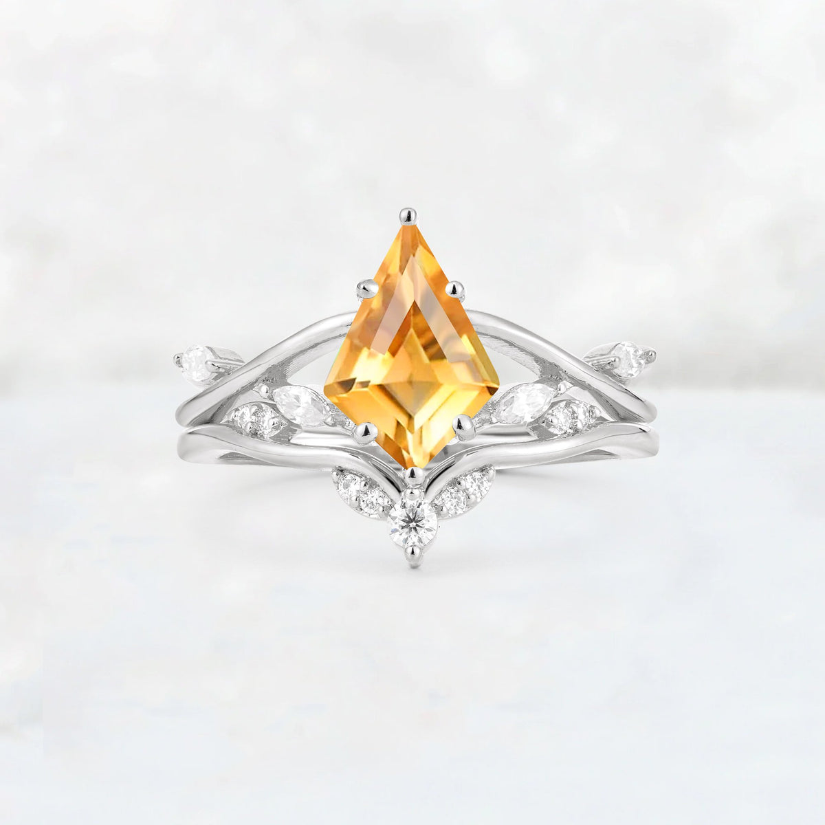 Kite Cut Citrine Leaf Chevron Engagement Ring Set - Additional view