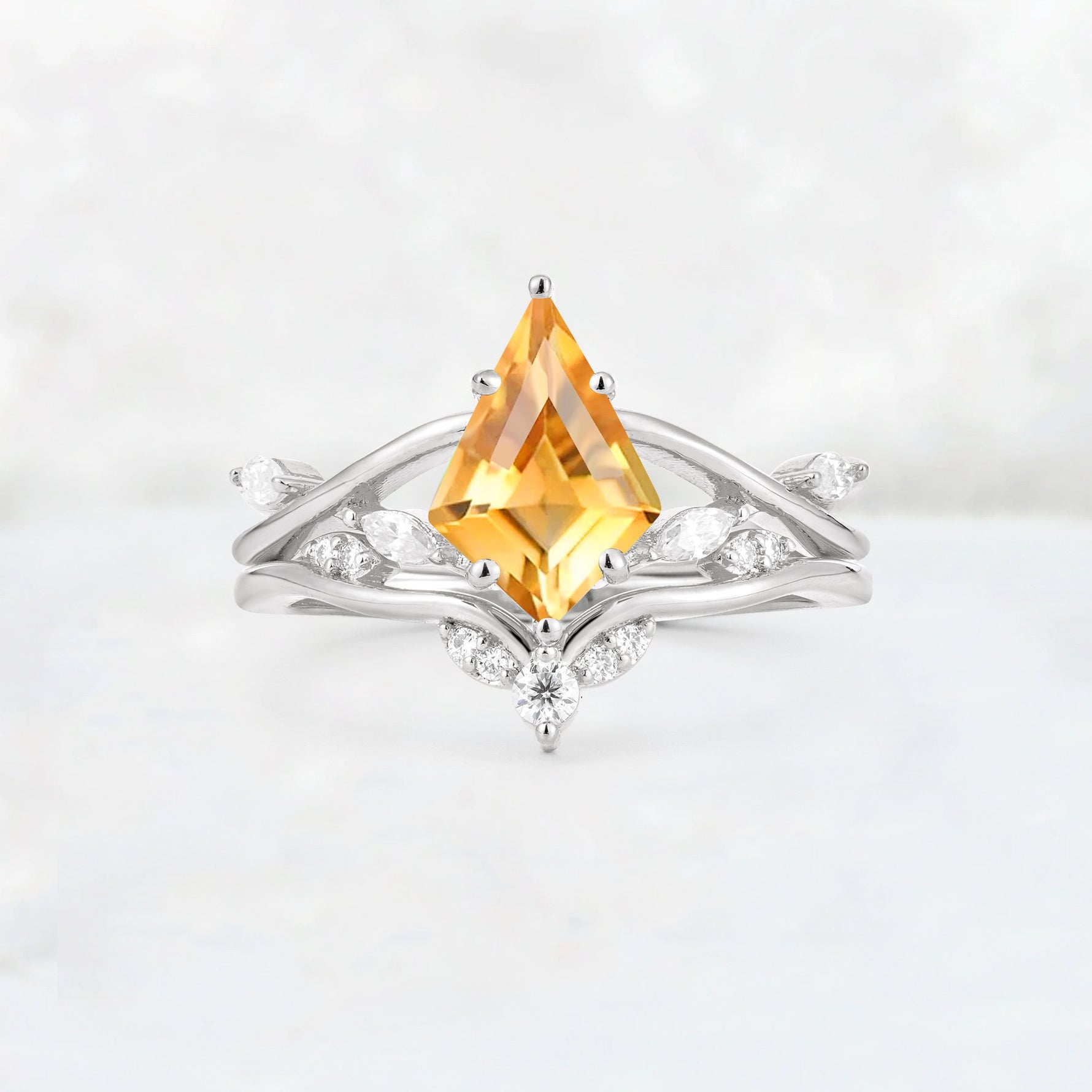Kite Cut Citrine Leaf Chevron Engagement Ring Set - Additional view