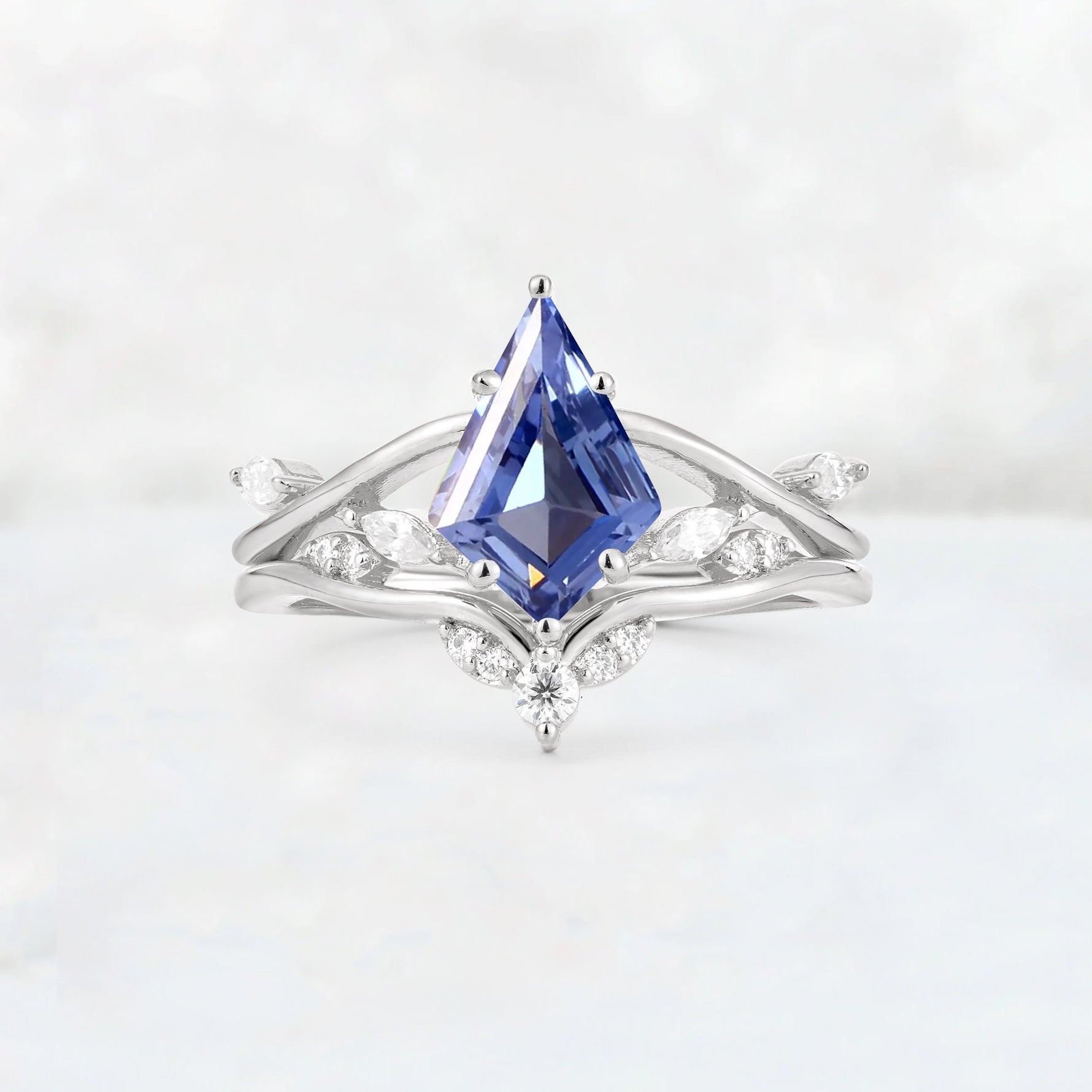Kite Cut Tanzanite Leaf Chevron Engagement Ring Set - Additional view
