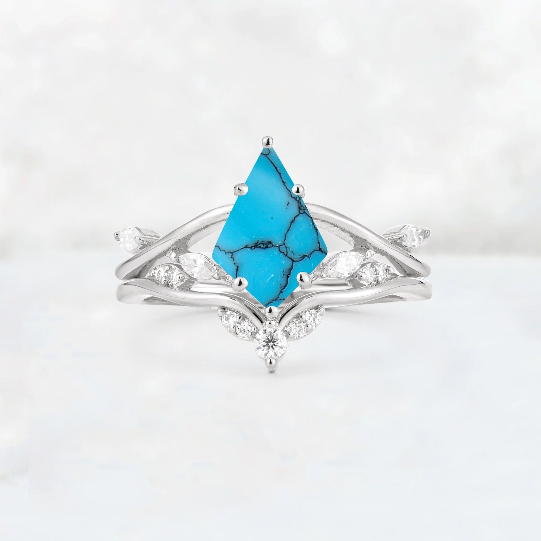 Kite Cut Turquoise Leaf Chevron Engagement Ring Set - Additional view