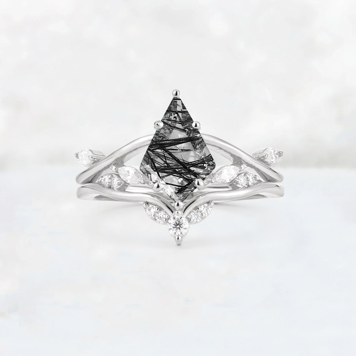 Kite Cut Black Rutilated Quartz Leaf Chevron Engagement Ring Set - Additional view