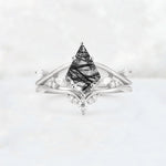 Kite Cut Black Rutilated Quartz Leaf Chevron Engagement Ring Set - Additional view
