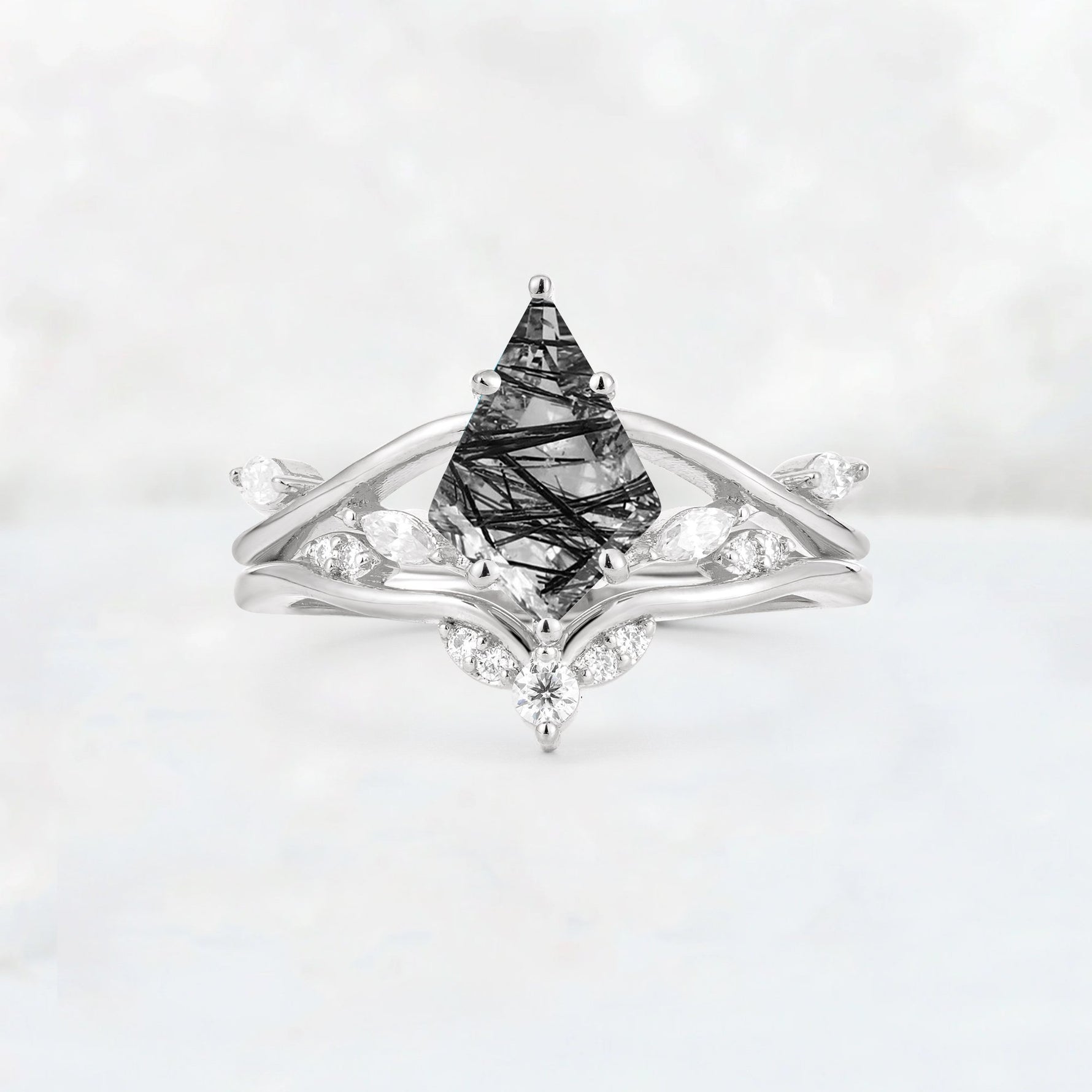 Kite Cut Black Rutilated Quartz Leaf Chevron Engagement Ring Set - Additional view
