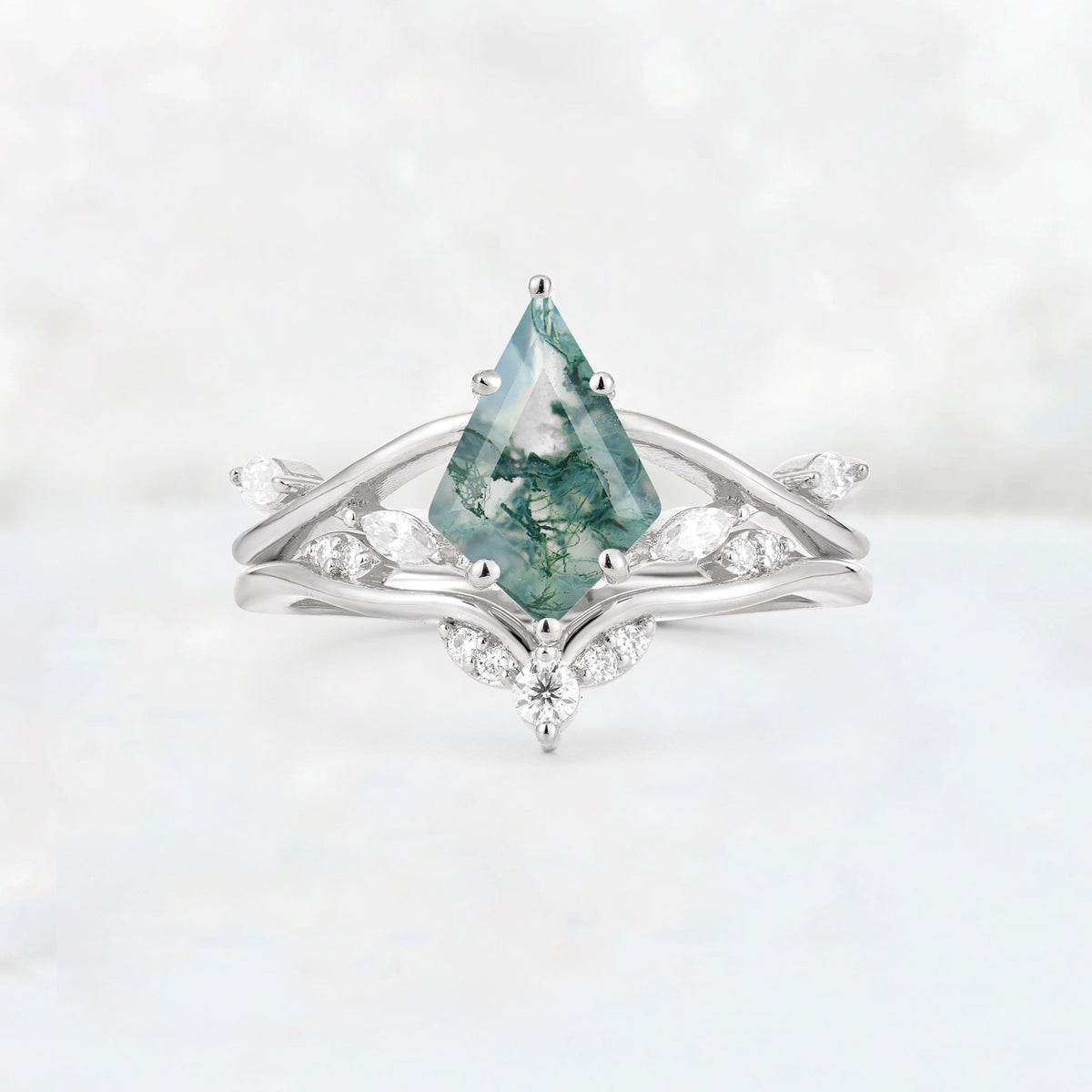 Kite Cut Moss Agate Leaf Chevron Engagement Ring Set - Additional view