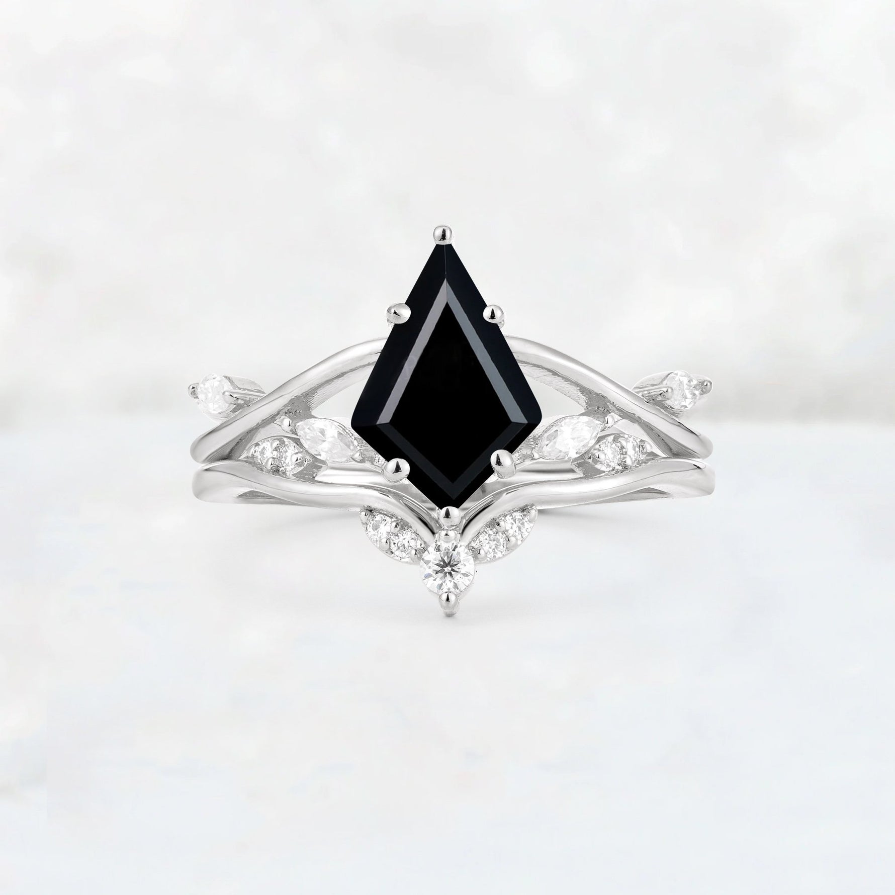 Kite Cut Black Onyx Leaf Chevron Engagement Ring Set - Additional view
