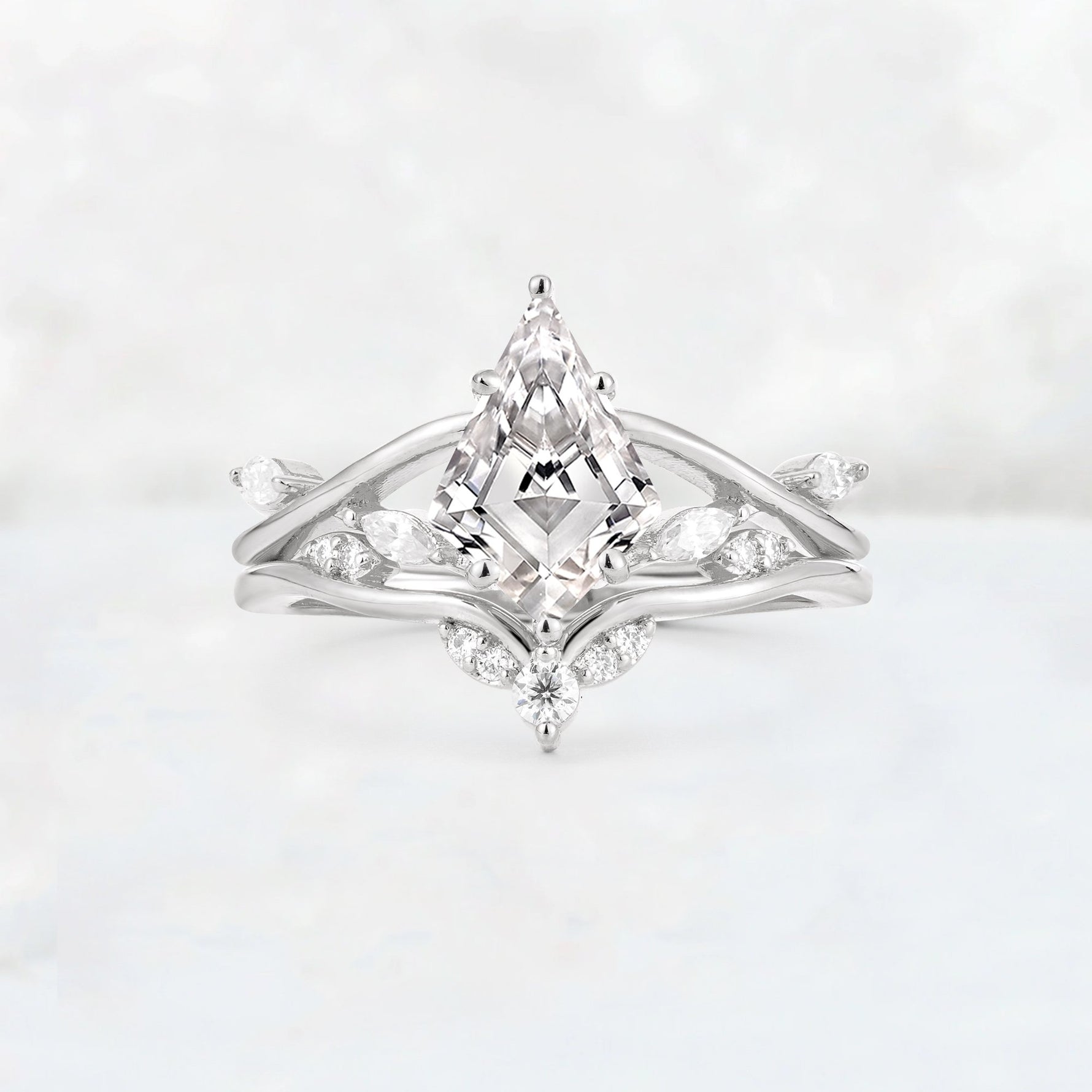 Kite Cut Lab Diamond Leaf Chevron Engagement Ring Set - Additional view