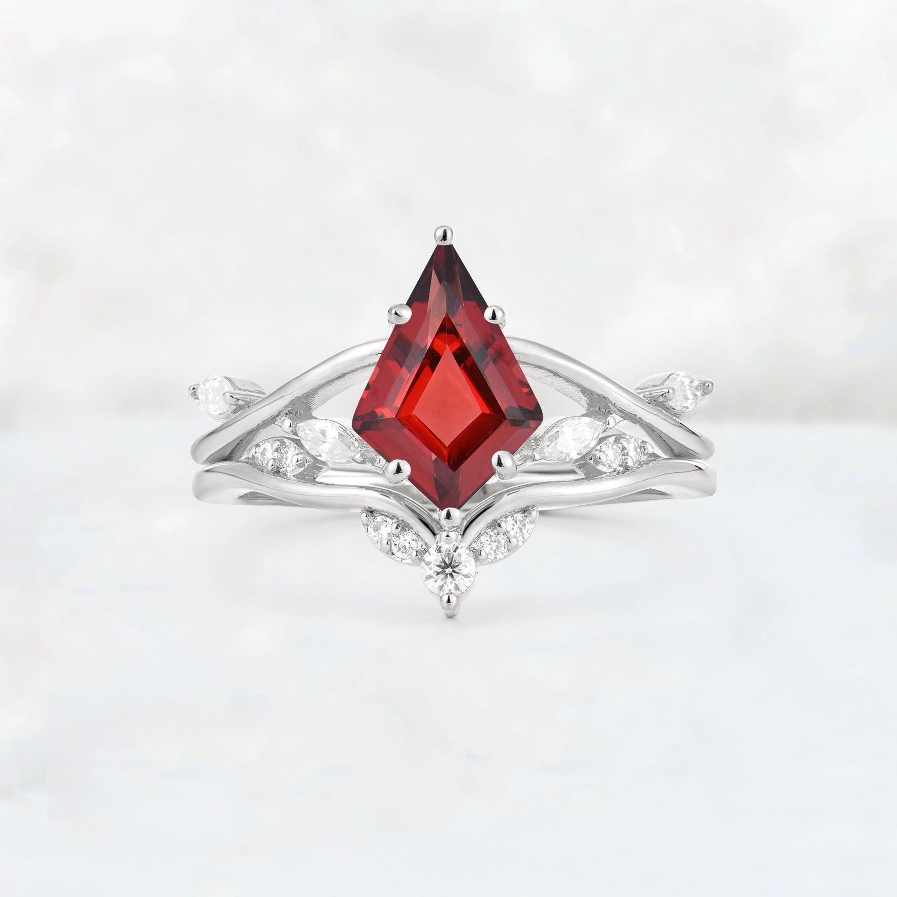 Kite Cut Garnet Leaf Chevron Engagement Ring Set - Additional view
