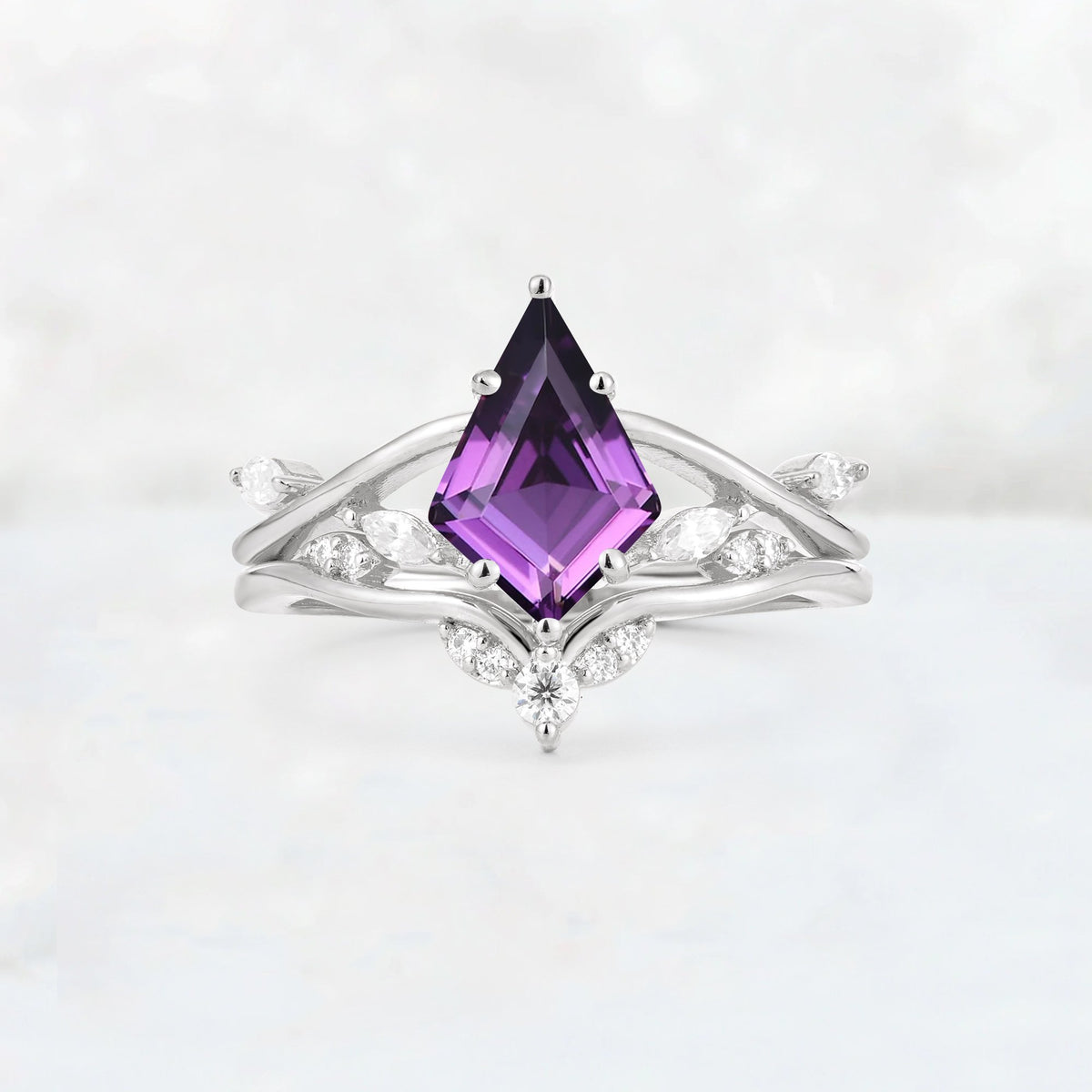 Kite Cut Amethyst Leaf Chevron Engagement Ring Set - Additional view