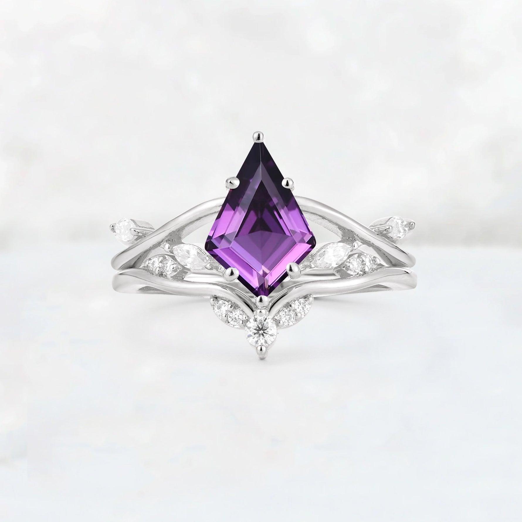Kite Cut Amethyst Leaf Chevron Engagement Ring Set - Additional view